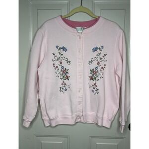 Petal Pink Floral Embroidered Sweatshirt Button Cardigan Sz L Cottagecore